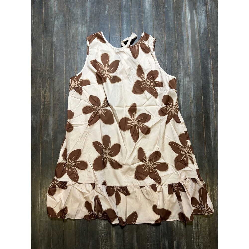 Sleeveless Floral Ruffle Hem Shift Dress Brown Cream Tie Back Mini Dress